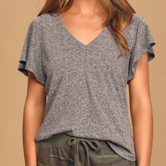 Z Supply The Triblend Heather Grey Flutter Sleeve V-Neckline Tee - Small - Picture 1 of 10